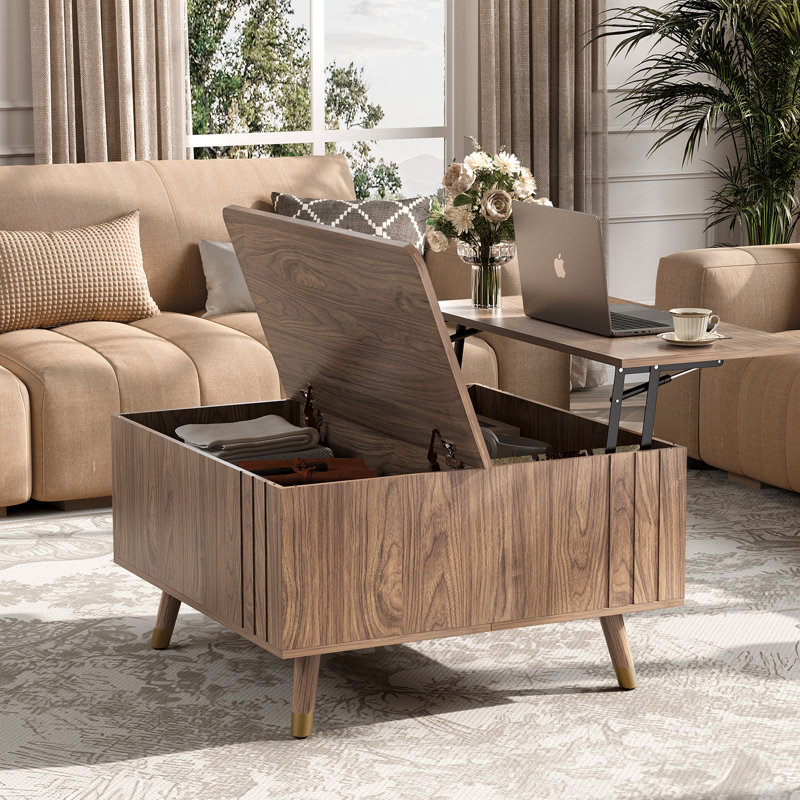 Lift Top Coffee Table with Storage, 32" Square Coffee Tables with Lifting Top, Mid Century Modern Center Table with Hidden Compartment for Home Office, Living Room, Walnut