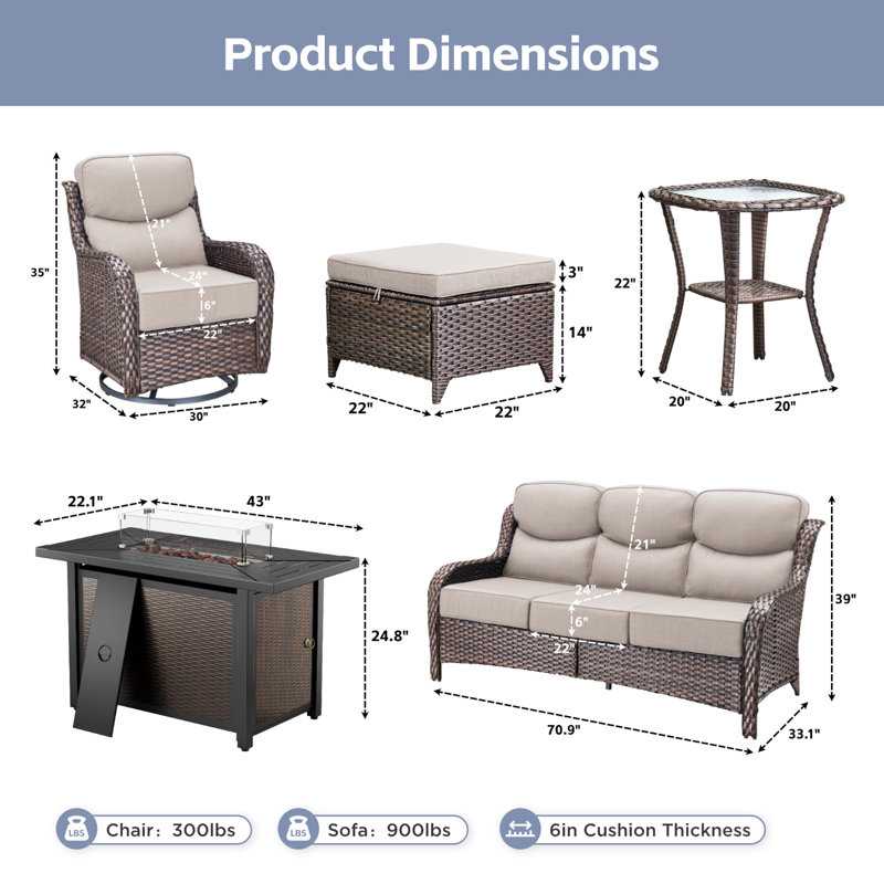 Ensemble de conversation pour foyer d'extérieur en osier de 5 à 7 personnes avec repose-pieds, Beige, Brun