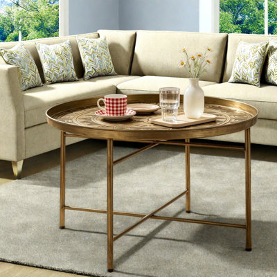 Modern Gold End Tables, 24 Inch Metal Round Hammered Table for Home