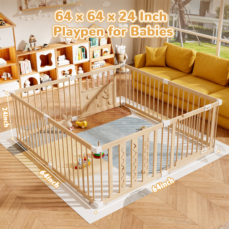 Parc pour bébé en bois naturel, 8 panneaux, porte et jouets inclus. Facile à assembler, grand parc portatif pour bébés et jeunes enfants, fabriqué en pin naturel.