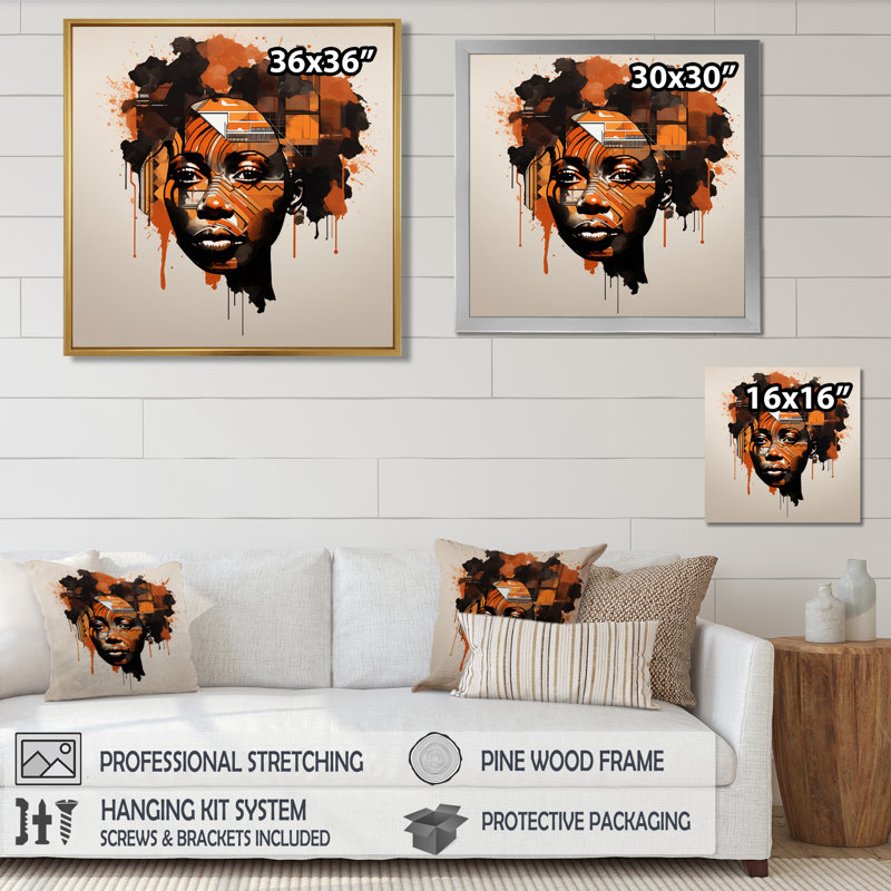 Portrait géométrique contemporain déesse nubienne I - art mural africain, salon, Cadre flottant noir, 30" H x 30" W x 1" D