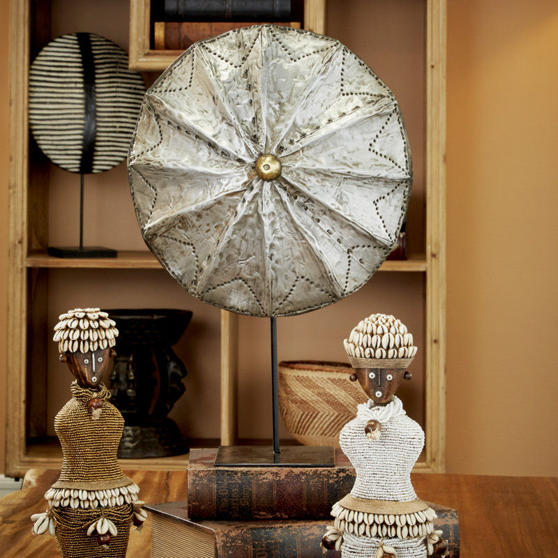 Large Round Hand-Carved Silver Baobab Wood Shield on Aluminum Display Stand Sculpture