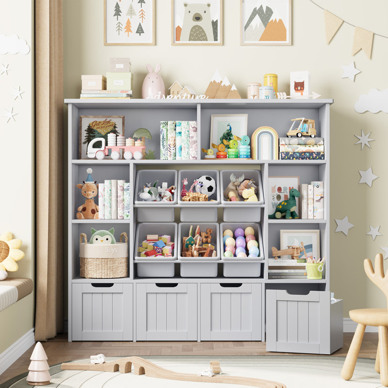 49.4" W Kids Bookcase with 4 Removable Drawers, Cube Organizer, Gray