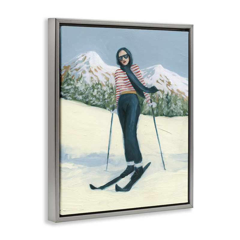 Élégant cadre flottant Skiing Sœurs, design par Grace Popp, H 21 po x l 17 po, Cadre flottant gris lustré