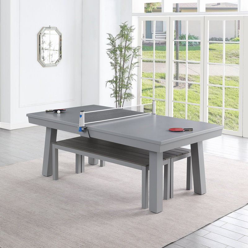 Table de salle à manger d'extérieur / d'intérieur en ardoise avec 2 bancs et accessoires Oasis, 7 pi, gris, Gris anthracite