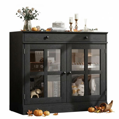 Armoire de cuisine de 35,4 pouces, buffet à 2 portes en verre avec grand tiroir de rangement, armoire à café moderne avec tablette réglable pour la salle à manger, la cuisine et le vestibule