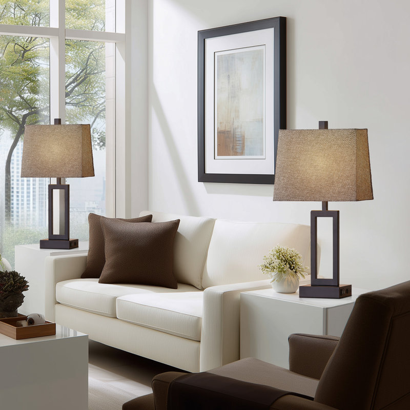 Ensemble de lampes de table USB en métal 23,5 "avec contrôle tactile et prise de courant Damajae, Gris