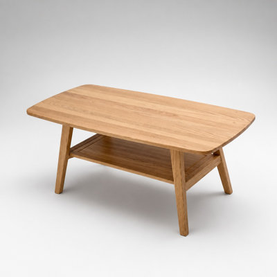 Mid Century Modern 2-Tier Coffee Table with Open Storage Shelf, Solid Wood Construction Rounded Corners Coffee Table