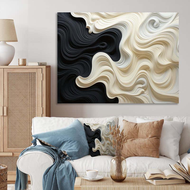 Noir blanc opt art contrastant des vagues - art mural Op Art, H 30 po x l 40 po, Toile tendue, Sans cadre