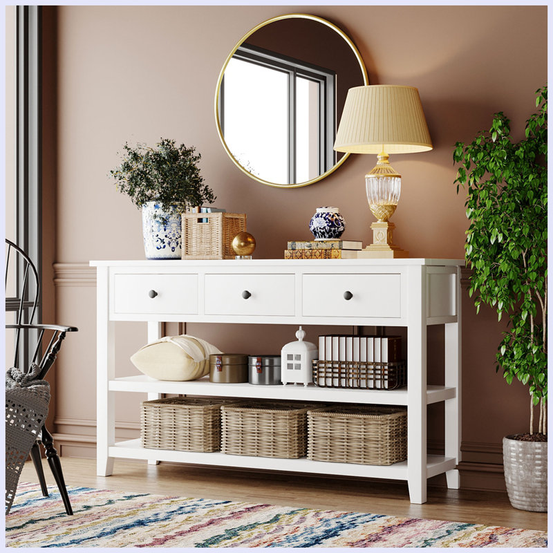 Console rétro avec deux tablettes ouvertes, Blanc antique, Blanc antique