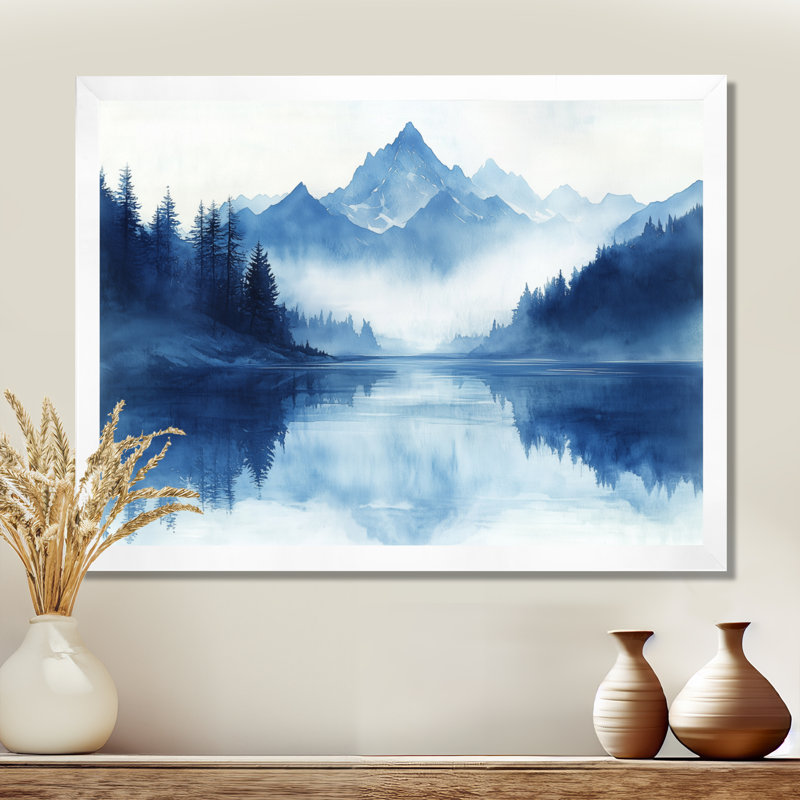 Brume de la rivière Blue Mountain - Tableau encadré de montagnes, H 34 po x l 44 po, White Picture Framed