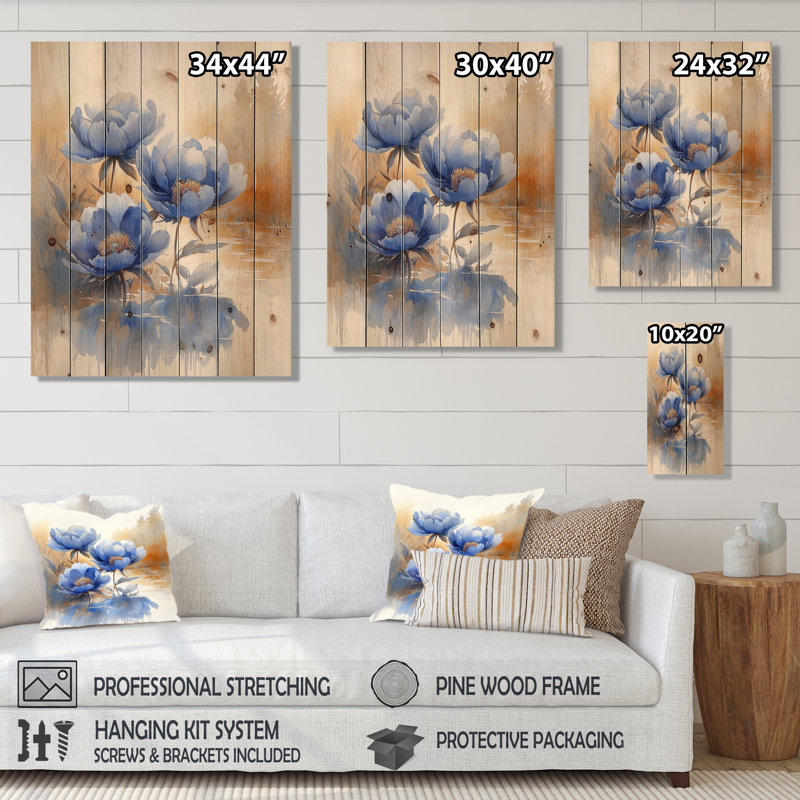 Bleuet bleu pivoines au bord de la rivière II - pivoines, art mural sur bois de pin naturel, H 32 po x l 24 po x P 0,78 po