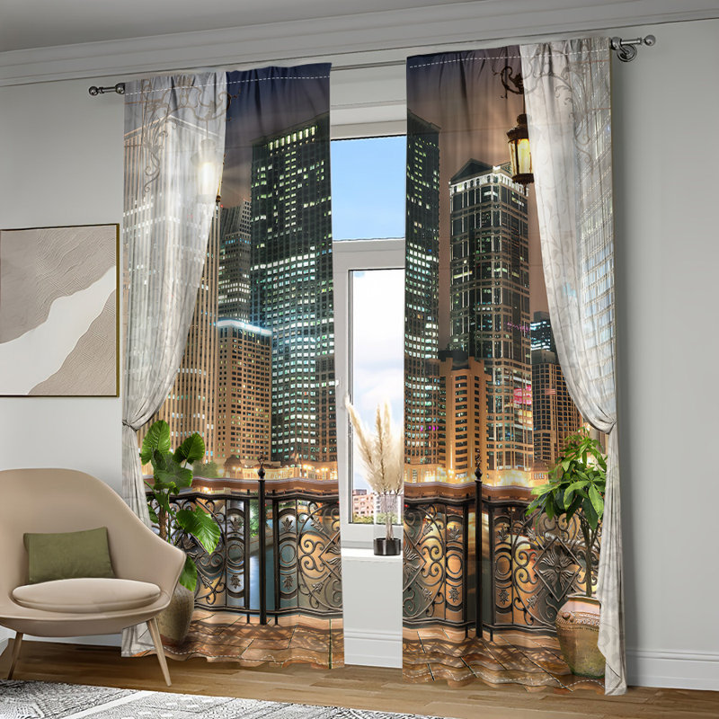 2Pcs City Skyline Window Curtains Modern Urban Landscape Night View Sheer Drapes Balcony Cityscape Pattern Rod Pocket for Living Room Bedroom Dining Home Office Decor