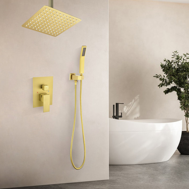 Luxury Ceiling-Mounted Rainfall Complete Shower System, Or brossé