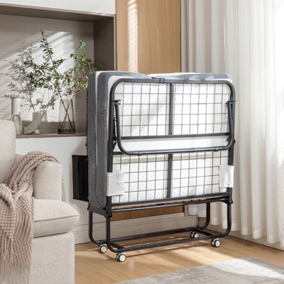 Lit pliant avec matelas, lit pliable portatif avec housse de rangement, lit escamotable pour adultes avec matelas en mousse à mémoire de forme et structure en métal, lit d'invité sur roulettes de format lit double, 75 x 38 po