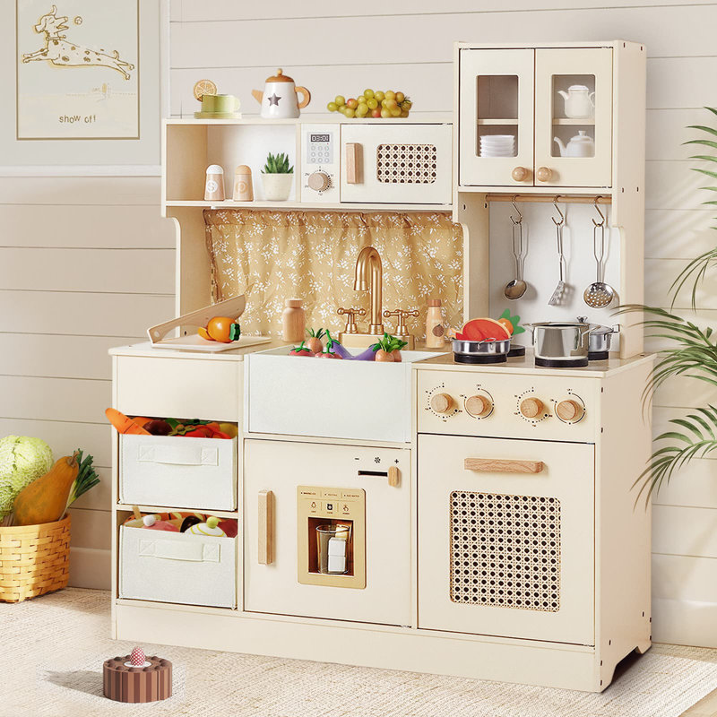 Kids Wooden Play Kitchen Set With Stove Sink And Ice Maker, Pretend Cooking Kitchen With Storage Bins And Accessories For Toddlers And Children