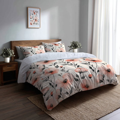 Girls Minimal Florals Bedding Set Of 3 - Serene Blush Fields Duvet Cover And Throw Pillow Set