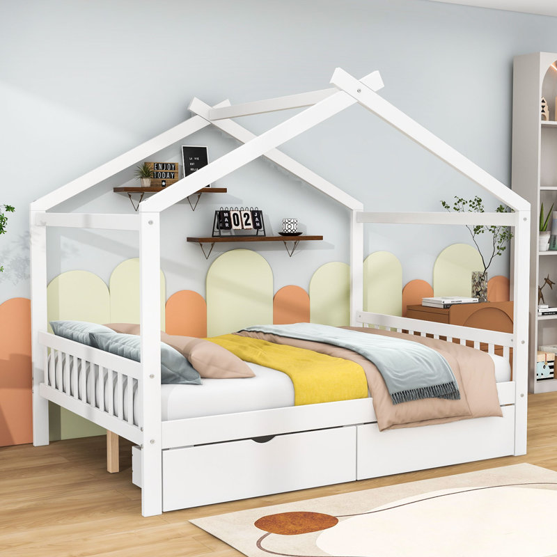 Lit double pleine grandeur avec tiroirs de rangement, Blanc