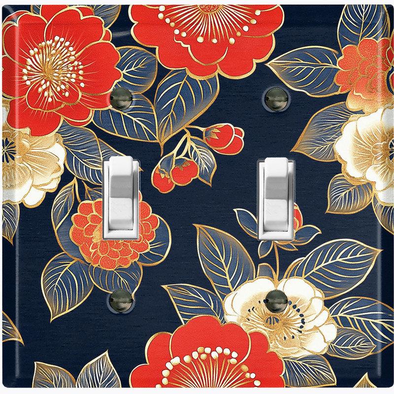 Couvercle de plaque d'interrupteur en métal; Bascule de taille standard US 2 - Fleurs japonaises rétro, #2 Double Toggle