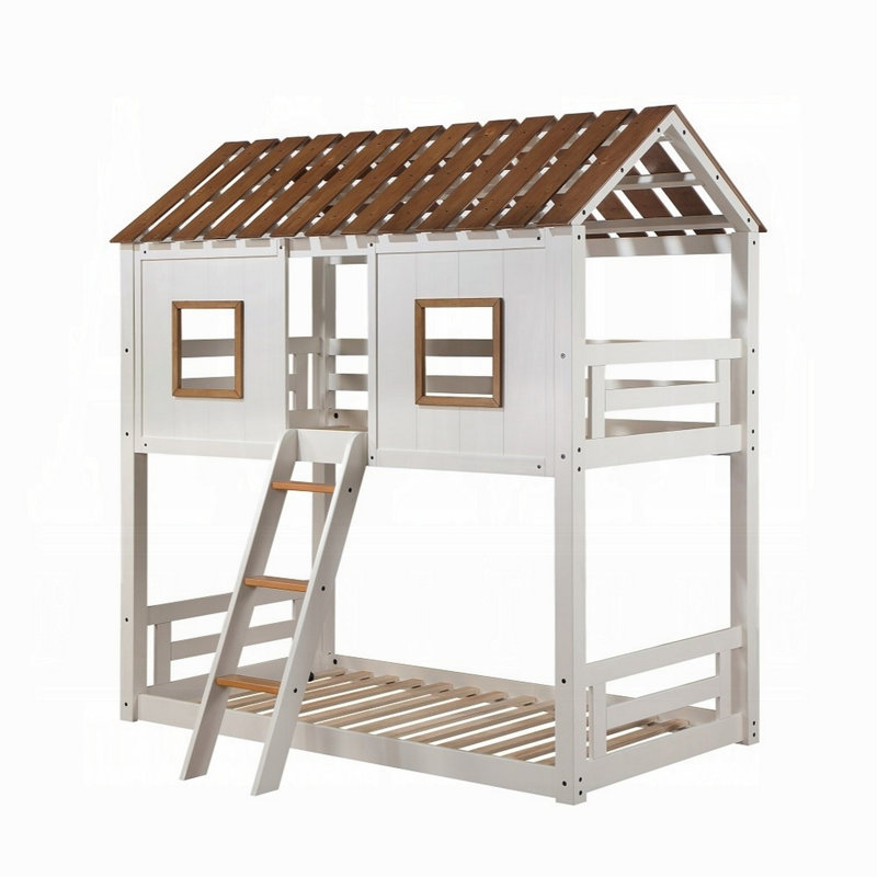 Lit superposé simple Nara, conception de maison avec échelle, bois rustique blanc