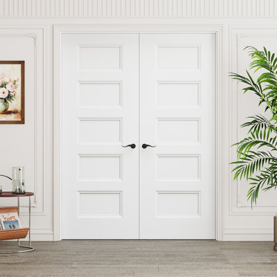 Interior 5-Panel Hollow Core French Doors, Includes Matte Black Hardware-Privacy Door Lever with Lock, Latch & Hinges, Pre‑Finished & Waterproof, Pantry, Bedroom, Bathroom & Closet, Easy DIY Stain, 56"x 80"