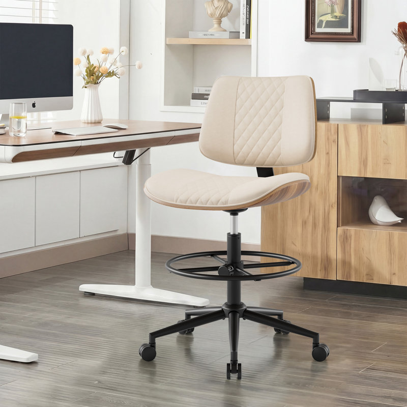 Mid Century Modern Drafting Chair With Foot Ring,Faux Leather And Walnut Wood Finish, Beige