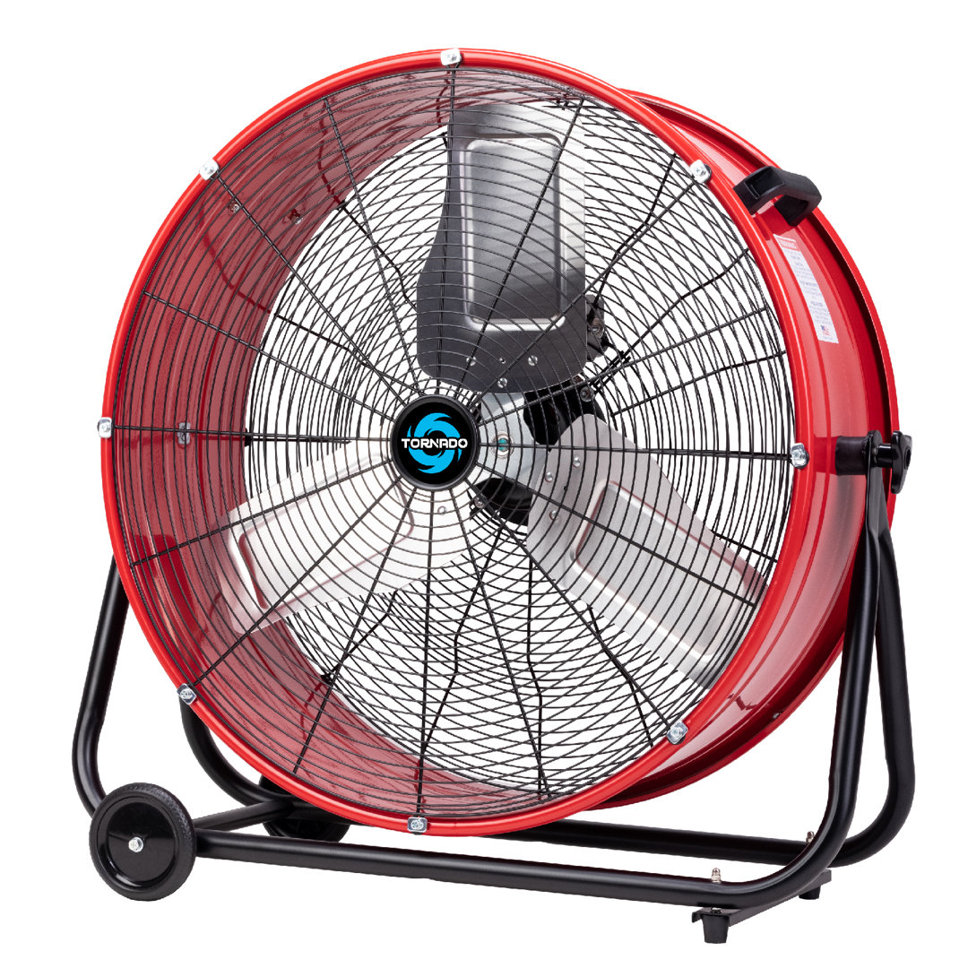 Tornado 24 Inch High Velocity Heavy Duty Tilt Metal Drum Fan Wide Version Red Commercial, Industrial Use 3 Speed 8800 CFM 8 FT Cord UL Safety Listed Tornado Fans