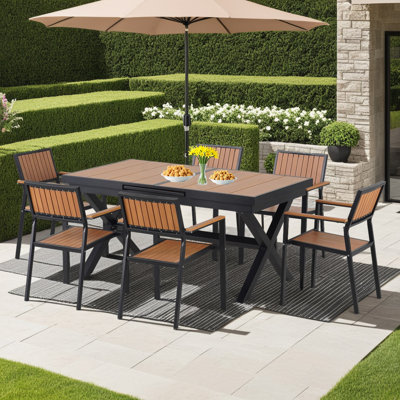 Expandable Outdoor Dining Set with 6 Woven Tape Chairs & Adjustable Table (62.9"-82.7"), Ideal for Patio, Garden & Poolside by Lark Manor