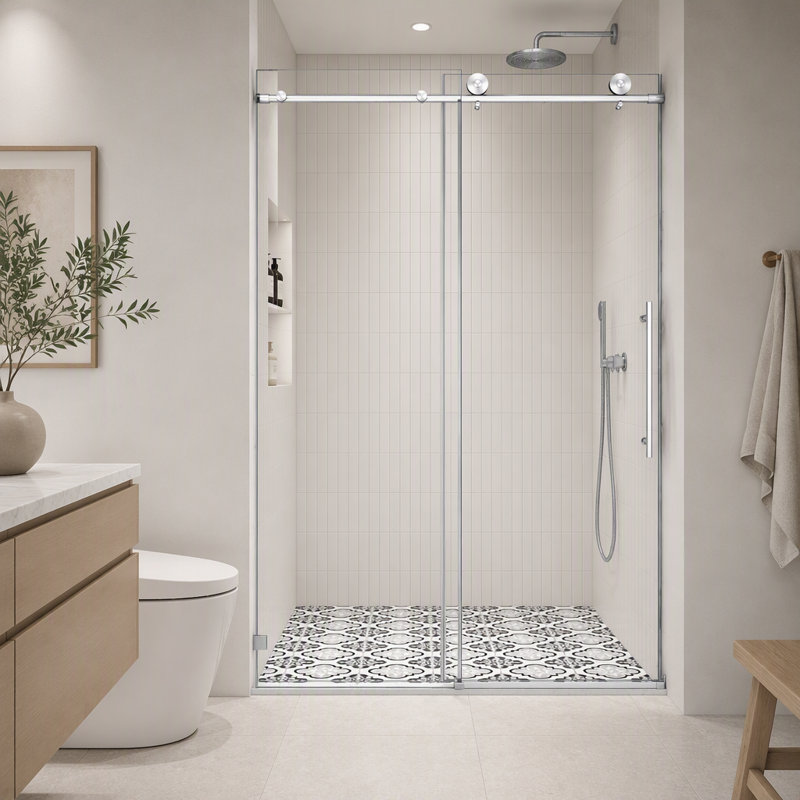 Porte de douche sans cadre avec fermeture amortie, verre nanorevêtu et poulies ajustables pour une installation facile