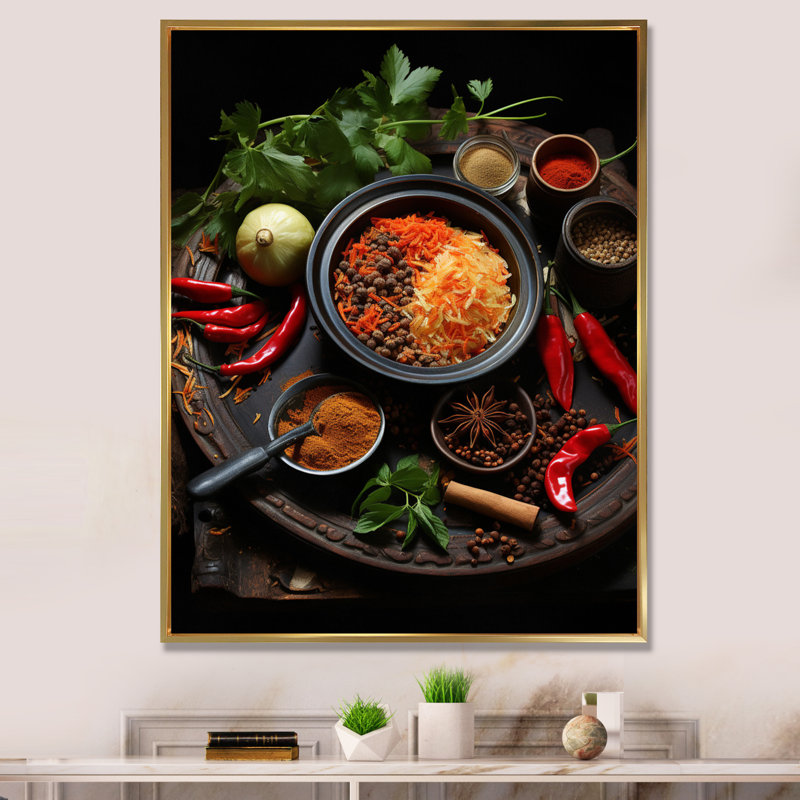 Cuban Cuisine - rouge sur toile, H 40 po x l 30 po x P 1,5 po, Cadre flottant doré