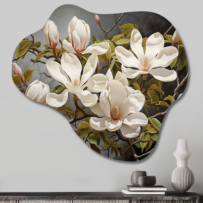 White Green Magnolias Magnolia Serenity - Magnolias Asymmetrical Metal Print, Traditional Cloud Metal Wall Art