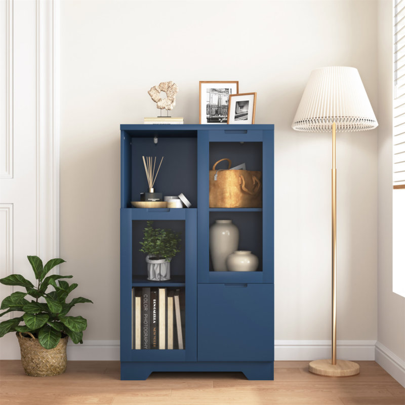 Armoire de plancher en bois avec 2 portes en verre et 2 espaces de rangement, entrée de salle de bain de salon, Marine