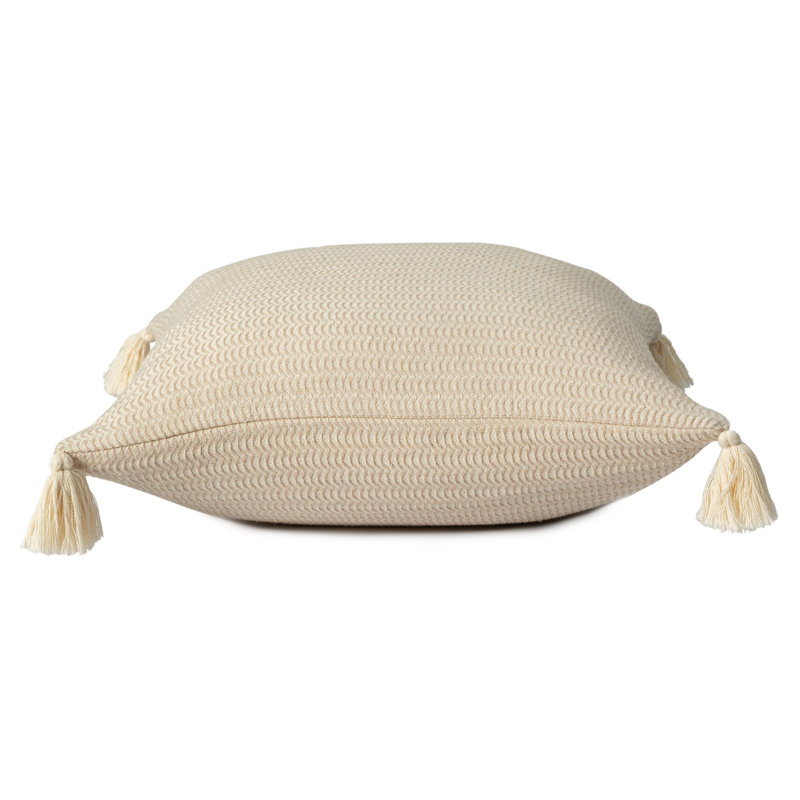 Beige Cotton Striped Square Throw Pillow with Tassels