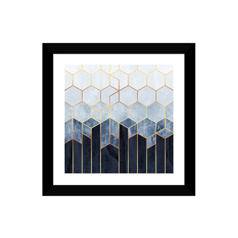 « doux blue hexagones » par elisabeth fredriksson-print, Papier avec cadre noir, H 24 po x l 24 po x P 1 po