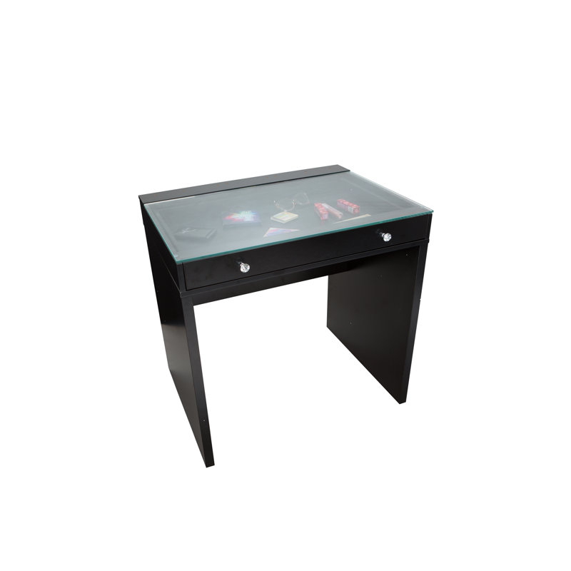 Mini coiffeuse Slay Station avec plateau en verre transparent, bureau de maquillage avec tiroir à fermeture en douceur et boutons de style diamant