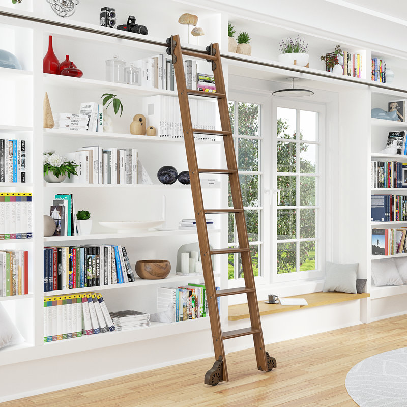 Walnut 8.06' 7-Step Wood Rolling Sunburst Wheel Ladder, Bronze