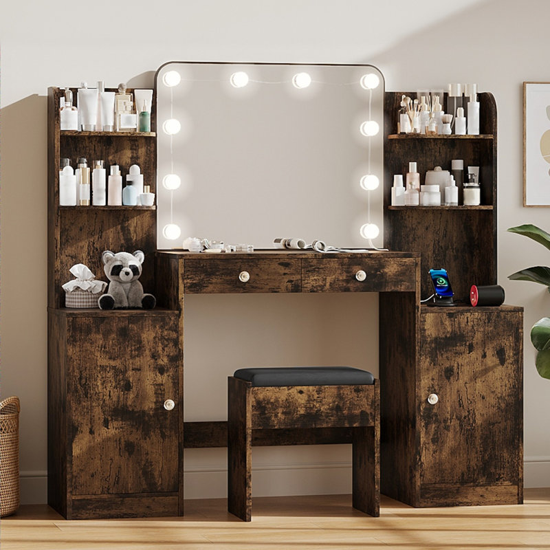 Turinel Large Makeup Vanity Desk with Lighted Mirror & Power Outlet for Bedroom, Vintage Brown