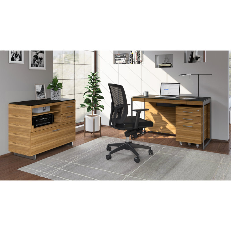 Sequel Desk With Back Panel - Charcoal Stained Ash, Black Metal, Natural Walnut/Satin Nickel