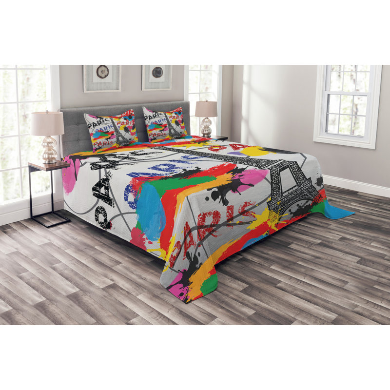 Graphic Print & Text Bedspread with Pillow Shams Included, 220 x 264 cm