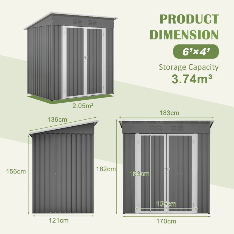 [4x6 FT] Outdoor Metal Storage Shed with Floor Frame, Double Lockable Doors & 2 Air Vents for Backyard, Garden & Patio