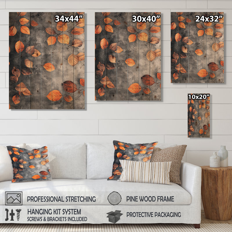 Feuilles d'automne orange I - décoration murale en bois de feuilles - sur bois de pin naturel, H 44 po x l 34 po x P 0,78 po