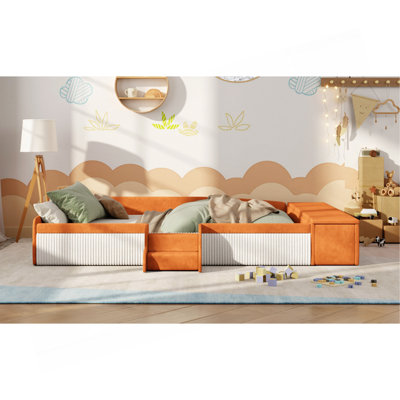 Queen Size Velvet Upholstered Daybed With Stairs & Gas Lift Storage Ottoman, Contrast Color, Padded Guardrails
