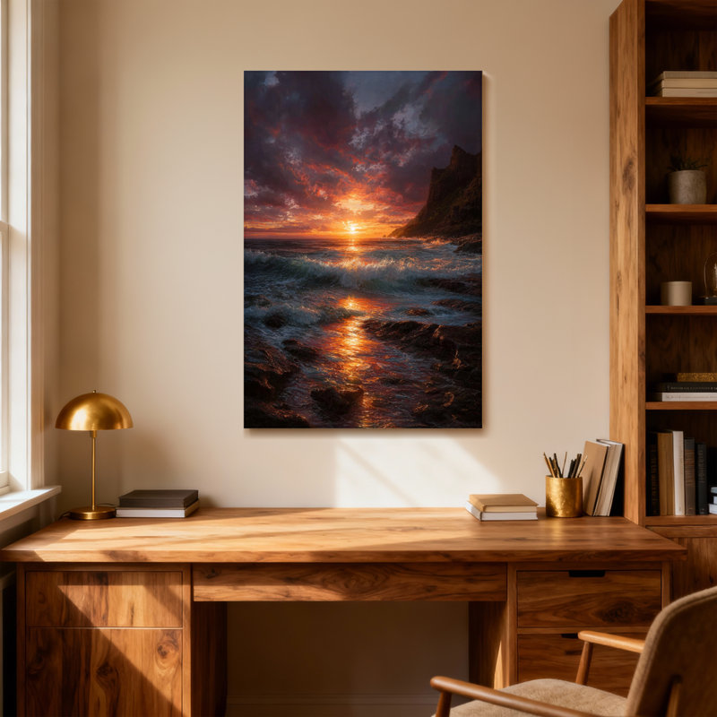 Paysage et nature coucher de soleil océan vagues roches ciel nuages réflexion de la lumière, H 48 po x l 32 po