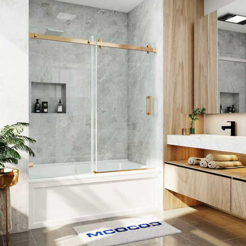Porte de baignoire coulissante simple sans cadre avec verre transparent 3/8 po (10 mm) Opal Mirage MCOCOD, Or brossé