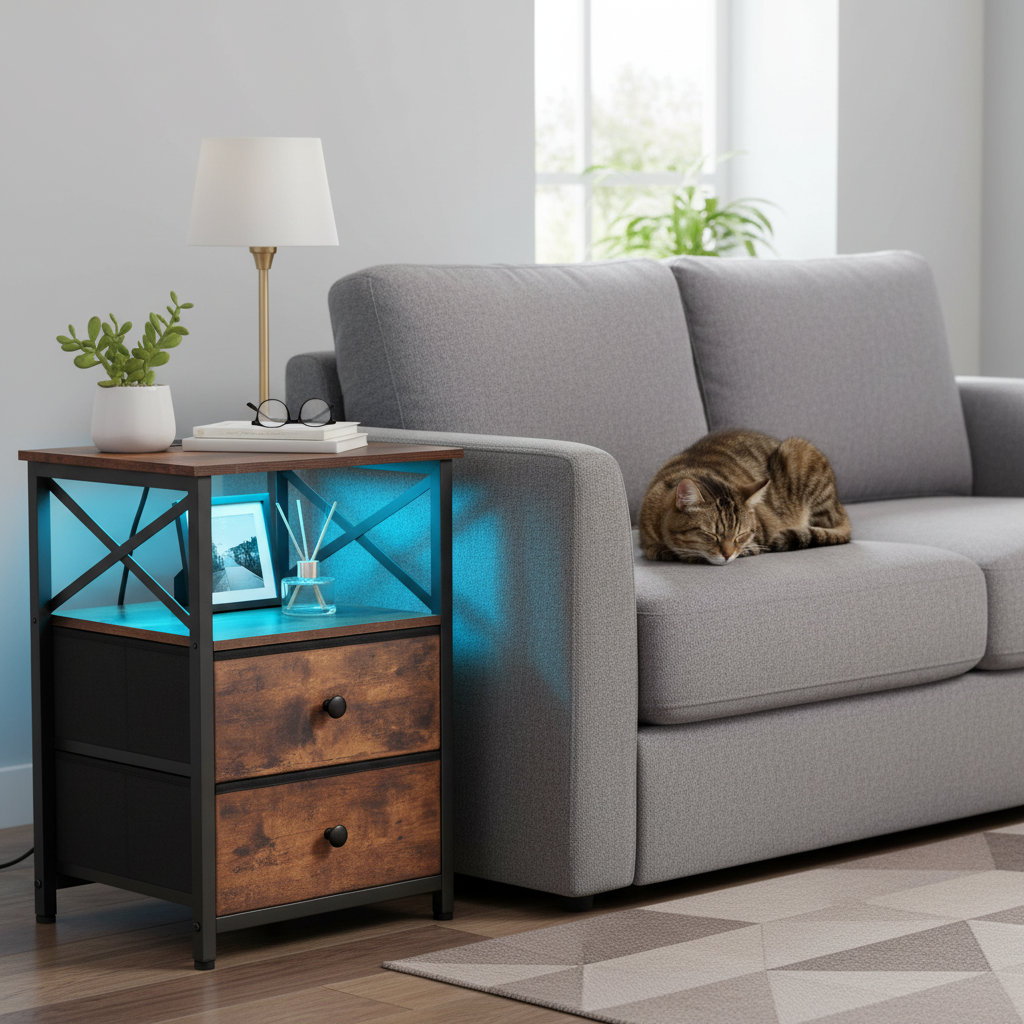 2 Drawer Nightstand With Led Light And Charging Station
