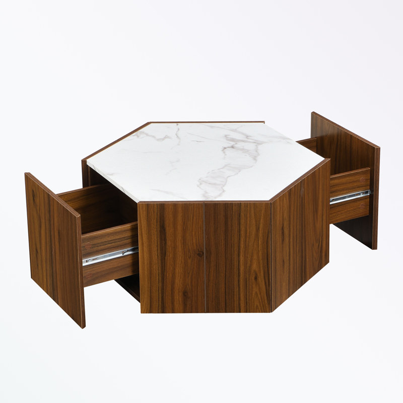 Coffee Table with 2 Hidden Drawers, White Top/Walnut Base