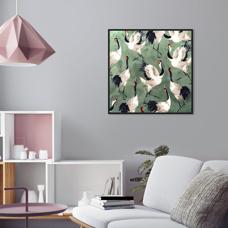 «Animals Grazing Cranes Birds», impression sur toile, H 24 po x l 24 po, Toile encadrée, Noir