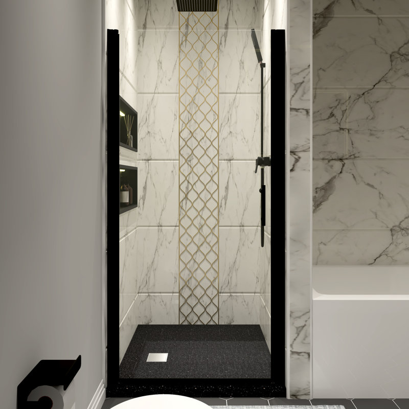 Porte de douche en aluminium avec rail supérieur, poignée en acier inoxydable 304, verre transparent traité nano, film, portes coulissantes noir mat avec système coulissant sans effort, caractéristique continue propre et trempée