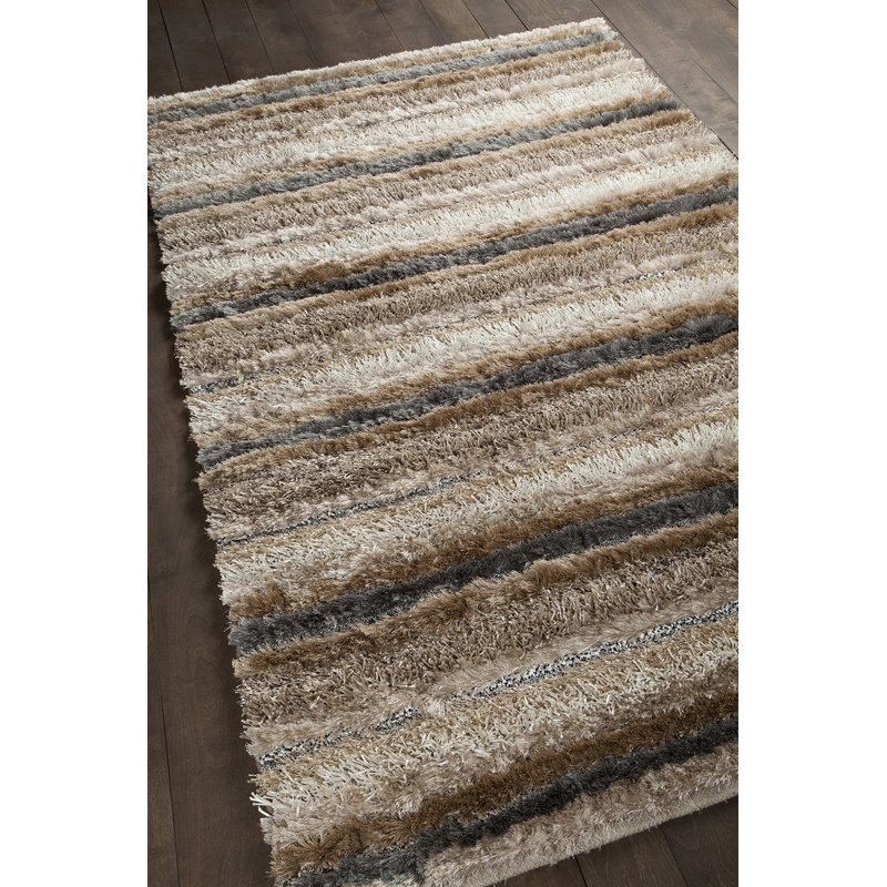 Elberton Authentic Hand-Woven Handmade Beige, Cream, Brown, Black, Ivory & White Modern Mixed Texture Polyester Shag Area Rug