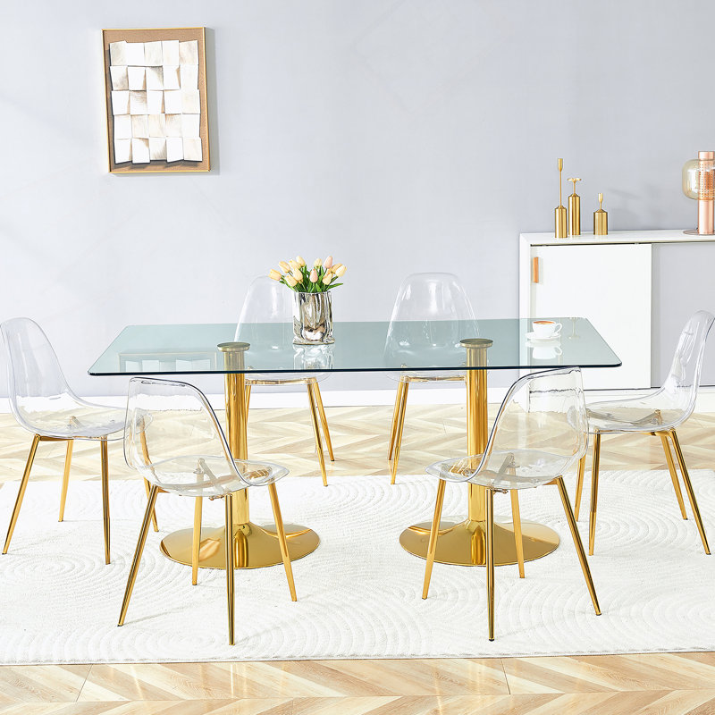 Table de salle à manger en verre trempé avec 7 chaises et 6 chaises en plastique transparent, 7 pièces : table, 6 chaises